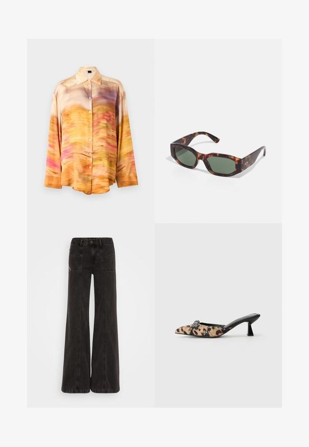 Chemise en soie à boutons avec un motif abstrait dans des nuances d'orange, de rose et de violet, dotée d'un col étalé et de manches longues.; Jeans noirs à jambe large en denim, avec une taille haute, des poches avant et des coutures ton sur ton le long des coutures.; Mules en imprimé léopard avec un bout pointu, un petit talon carré, et des boucles et clous noirs décoratifs, fabriquées en tissu texturé et en cuir.; Lunettes de soleil écaille de tortue avec des verres rectangulaires verts, une large monture et des branches épaisses. Présente un design élégant et une texture en plastique lisse.; Sac fourre-tout noir avec un extérieur en nylon lisse, équipé de longues sangles en cuir, d'une bandoulière amovible et d'une plaque logo dorée.