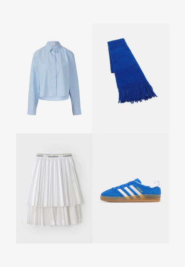 Hellblau- und weißgestreiftes Hemd mit Kragen, Knopfleiste und langen Ärmeln. Der Stoff scheint glatt und leicht zu sein.; Weißer plissierter Rock mit einem texturierten Design und einem elastischen Bund mit Markenlogo. Das Material hat eine glatte Oberfläche mit geschichteten Segmenten.; Blaue Wildleder-Sneaker mit weißen Streifen und "Gazelle"-Text. Verfügt über eine Sohlen aus Gummi und strukturierte Akzente im Obermaterial. Klassisches Design.; Blauer gewebter Schal mit fransigen Enden, glatter Textur, rechteckiger Form und einheitlicher Farbe. Geeignet für kaltes Wetter.; Schwarze Leder-Hobo-Tasche mit einer glatten Textur, geschwungener Form und einem einzelnen verstellbaren Tragegurt; verfügt über eine weite Öffnung am oberen Ende.