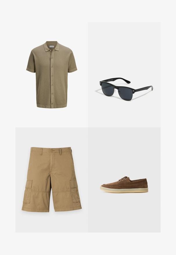 Polo tričko s krátkými rukávy v olivové barvě, zapínání na knoflíky, strukturovaná pletenina, rovný lem a žebrovaný límec a manžety.; Kargo šortky v khaki barvě, s rovnými nohavicemi, vybavené dvěma bočními kapsami a zapínáním na knoflík v pase. Hladký povrch po celé délce.; Hnědé semišové boty s nízkým profilem, šněrovacím designem, gumovou podrážkou a kontrastními švy. Jednoduchý a funkční styl.; Černé sluneční brýle s obdélníkovým tvarem, tmavými skly, stříbrnými akcenty na spáncích a matným povrchem rámu.