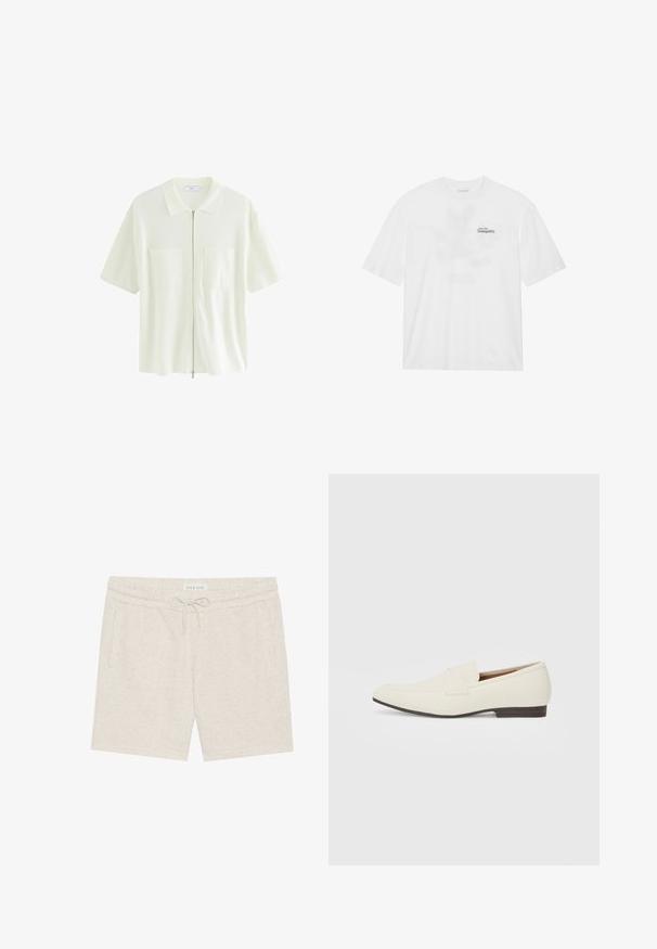 Camisa blanca de manga corta y cremallera, hecha de tela texturizada, con un cuello tipo polo y dos bolsillos frontales con solapas cuadradas.; Camiseta de algodón blanca con mangas cortas, que presenta un estampado frontal que dice "Eleva hacia la Tranquilidad" en negro y verde.; Shorts de color beige claro, hechos de un material suave, con cintura ajustable con cordón, bolsillos laterales y una sutil textura moteada.; Mocasines beige claro con puntera puntiaguda, material suave, una correa a través del empeine y una suela baja marrón. Diseño simple con acentos mínimos.