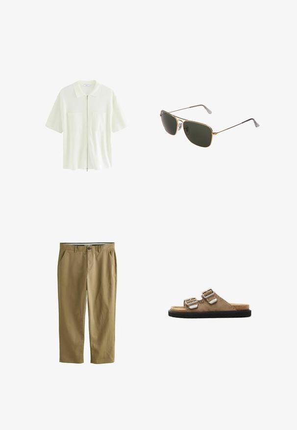 Camicia bianca a maniche corte con zip, realizzata in tessuto testurizzato, caratterizzata da un colletto e due tasche frontali con pattine quadrate.; Chino color khaki realizzati in cotone misto, dotati di due tasche laterali, chiusura con bottone, gambe dritte e una texture liscia.; Sandali in suede marrone con due fibbie argentate regolabili, suola nera testurizzata e dettagli perforati nella parte superiore.; Occhiali da sole aviator in metallo dorato con grandi lenti verde scuro, caratterizzati da una montatura sottile e paduli nasali trasparenti per il comfort.