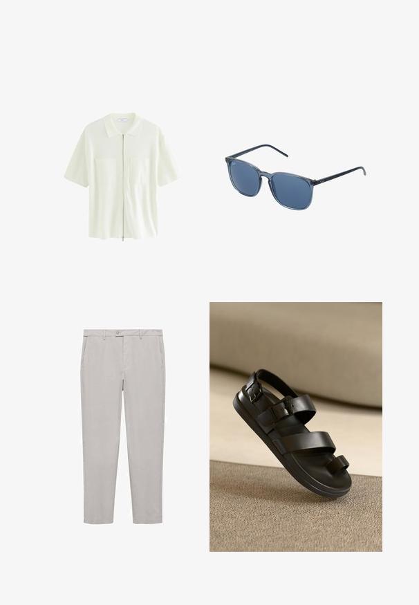 Kortärmad, vit zip-up skjorta i texturerad tyg, med krage och två framfickor med fyrkantiga lock.; Ljusgrå chinos i vävt tyg med flat front, bältesöglor och framfickor. Skräddarsydd passform med raka ben.; Svarta sandaler med tre breda remmar, spännbara detaljer och en platt sula. Tillverkade av ett slätt material med matt yta.; Blå rektangulära solglasögon med gråtonade linser, plastbåge, metalliska detaljer och en matt finish på bågarna.