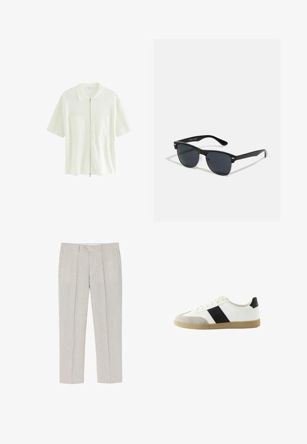 Kortærmet, hvid zip-shirt lavet af struktureret stof, med krave og to forlommer med firkantede klapper.; Lyse beige linned bukser med lige ben, subtil tekstur, to frontlommer og en enkelt knaplukning i taljen.; Hvide sneakers lavet af læder og ruskind, med sorte vandrette striber, en beige gummisål og flade snørebånd.; Sorte solbriller med rektangulær form, mørke linser, sølvdetaljer ved tindingerne og en mat finish på stellet.
