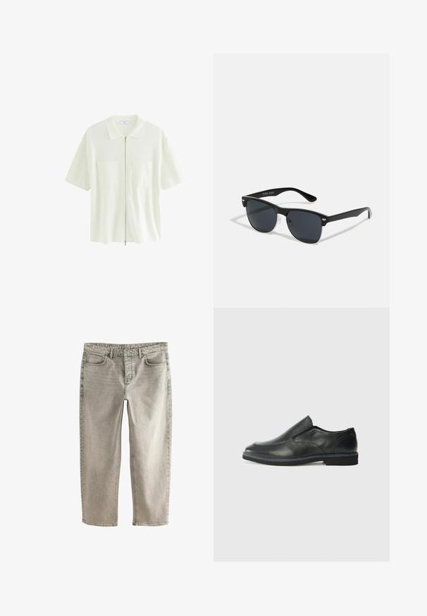 Camisa blanca de manga corta y cremallera, hecha de tela texturizada, con un cuello tipo polo y dos bolsillos frontales con solapas cuadradas.; Vaqueros de mezclilla en un gris claro con un diseño de pierna recta, cinco bolsillos y detalles de costura. Presenta una cinturilla estándar y cremallera.; Zapato negro de cuero sin cordones con un upper suave, detalles de costura, punta redonda y un bajo tacón de goma. La suela presenta una tracción mínima.; Gafas de sol negras con forma rectangular, lentes oscuros, detalles plateados en las patillas y un acabado mate en la montura.