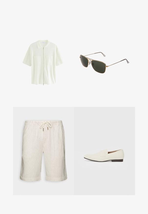 Krátky rukáv, biele zipsové tričko vyrobené z textúrovanej tkaniny, s golierom a dvoma prednými vreckami so štvorcovými chlopňami.; Linenové šortky v svetlo béžovej farbe s jemnými vertikálnymi hnedými pruhmi. Obsahujú elastický pás s viazačkou a stočené lemovanie.; Svetlé béžové mokasíny s špicatou špičkou, hladkým materiálom, pásikom cez vamp a nízkou hnedou podrážkou. Jednoduchý dizajn s minimálnymi akcentmi.; Zlaté kovové pilotné slnečné okuliare s veľkými tmavozelenými šošovkami, s tenkým rámom a priehľadnými nosovými podložkami pre pohodlie.
