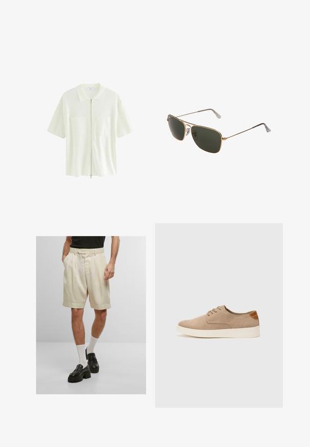 Īsām piedurknēm, balts jaku krekls, izgatavots no teksturēta auduma, ar apkakles izgriezumu un divām priekšējām kabatām ar kvadrātveida vāciņiem.; Krēmkrāsas plisētie šorti ar sānu kabatām, pogu aizdari un salocītām malām, apvienoti ar melniem platformas loaferiem un baltām zeķēm.; Beige zamšādas kedas ar noapaļotu purngala daļu, auklēm saplacinātu priekšpusi un teksturētu aizmugures akcentu. Balta gumijas zole nodrošina kontrastu. Vienkāršs un mūsdienīgs dizains.; Zelta metāla aviatoru saulesbrilles ar lieliem tumši zaļiem stikliem, kas aprīkotas ar plānu rāmī un caurspīdīgām deguna paliknēm komfortam.