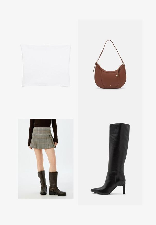 Hvid pudebetræk med en glat, blød tekstur, der har en rektangulær form og rene kanter, designet til standard pudestørrelser.; Rutig mini nederdel i beige og sort, med plisseringer og en tætsiddende talje. Kombineret med knæhøje brune læderstøvler med spænder.; Knæhøje sorte læder stiletto-støvler med spids tå og glat tekstur. Hælen er i blokstil, hvilket tilføjer stabilitet til designet.; Brun faux læder skuldertaske med buet form, minimal syning og en guldtonet hardwaredetalje. Har en top lynlåslukning og justerbar rem.; Sort rustfrit stål ur med et rundt hus, guld markører og visere. Uret har et metalkæde med børstet finish.