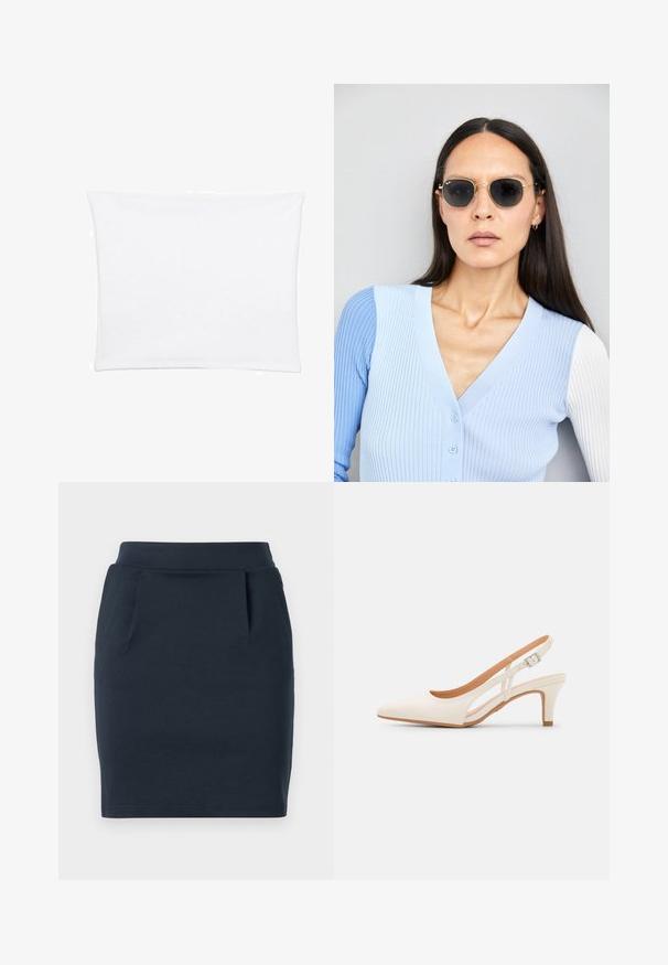 Weißer Kissenbezug mit glatter, weicher Textur, rechteckiger Form und sauberen Kanten, entworfen für Standardgröße von Kissen.; Marineblauer Stretch-Jersey-Rock mit figurbetontem Schnitt, ausgestattet mit einem glatten Taillenbund und zwei Fronttaschen.; Weiße Slingback-Absätze mit spitzer Zehenpartie, glattem Obermaterial, niedrigem Blockabsatz und seitlichem Ausschnitt-Design mit verstellbarem Schnallenriemen.; Runde Sonnenbrillen mit dunklen Gläsern und goldenen Rahmen. Das Modell trägt eine hellblaue, gerippte Strickjacke mit Knöpfen und weißen Kontrastärmeln.