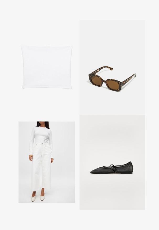 Valkoinen tyynyliina, jossa on sileä ja pehmeä pinta, suorakulmainen muoto ja siistit reunat, suunniteltu standardikokoisille tyynyille.; Kermanvärinen, istuva paita kevyestä kankaasta, jossa on yksi röyhelödetail ja ohuet säädettävät olkaimet. Esteettinen pinta, jossa on minimaalinen sauma.; Valkoinen pitkähihainen paita, jossa on ribbitekstuuri, yhdistettynä korkeavyötäröisiin valkoisiin leveälahkeisiin farkkuihin, joissa on etutaskut ja hopeiset yksityiskohdat.; Musta litteä kengät, joissa on terävä kärki, verkko-osa ja kiiltävät nahka-akcentit. Ominaisuuksiin kuuluu ohut hihna, jossa on pyöreä metalliyksityiskohta.; Kaurisilmät, joissa on pyöreä, jämäkkä kehys ja ruskeat linssit. Ominaisuuksiin kuuluvat hillityt kuviot sekä suorat, kapenevat sangan osat.