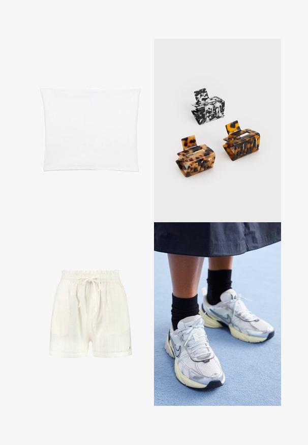 Bijela jastučić sabeljka s glatkom, mekom teksturom, pravokutnog oblika i čistim rubovima, dizajnirana za standardne veličine jastučića.; Bijele šortse s teksturiranim vertikalnim prugama, s pojasom na vezanje i malim zlatnim logotipom sa strane.; Bijele i srebrne Nike tenisice od mrežaste tkanine, s reflektirajućim detaljima i bež potplatom. Nosi se s crnim čarapama, stojeći na plavoj površini.; Tri čašice za kosu: jedna crno-bijela mramorna, dvije žirafe u smeškim i crnim nijansama, sve izrađene od sjajnog plastike s teksturiranom završnom obradom.