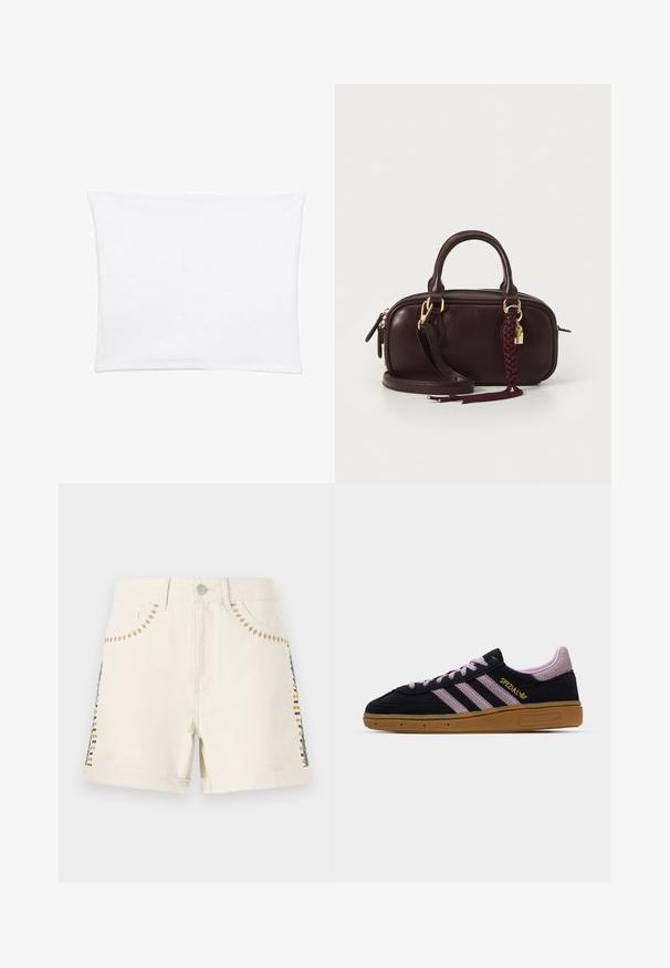 Bela prevleka za blazine z gladko, mehko teksturo, kvadratne oblike in čistimi robovi, zasnovana za standardne velikosti blazin.; Bež hlače iz bombaža s šivanimi poudarki v zeleni, rumeni in rjavi barvi ob straneh. Imajo zvite robove in sprednje žepke.; Črne in roza semiš superge z gumo podplatom, tremi roza črtami, zlatim logotipom "SPEZIAL" in strukturiranim gumijastim podplatom. Nizka zasnova.; Temno rjava usnjena torbica z pletenim pompomom, zlato obročasto okovje, dvojni ročaji in odstranljiv ramenski trak na belem ozadju.