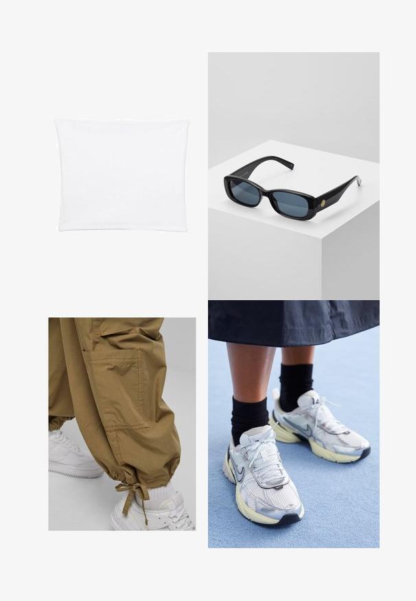 Biela obliečka na vankúš s hladkým, jemným povrchom, s obdĺžnikovým tvarom a čistými okrajmi, navrhnutá pre štandardné veľkosti vankúšov.; Khaki cargo nohavice s elastickými manžetami, bočnými vreckami a jemnou textúrou, skombinované s bielymi teniskami. Neformálny dizajn vhodný na každodenné nosenie.; Biele a strieborné Nike tenisky s mrežovou textíliou, reflexnými akcentmi a béžovou podrážkou. Nosené s čiernymi ponožkami, stojace na modrom povrchu.; Čierne obdĺžnikové slnečné okuliare s tónovanými modrými šošovkami, robustným rámom a zlatým kruhovým akcentom po boku. Elegantný, lesklý povrch.