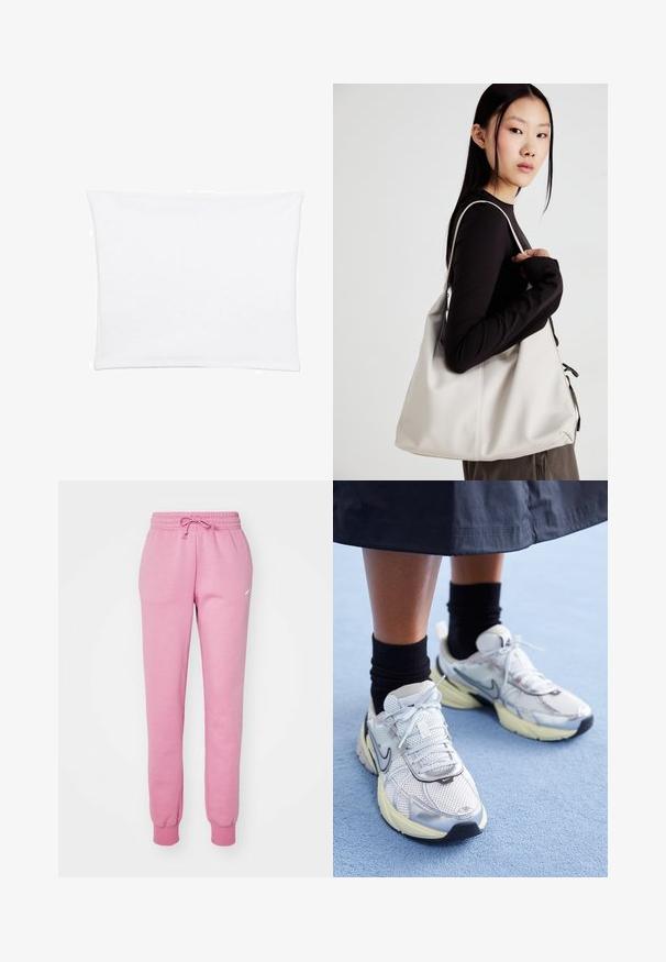 White pillowcase with a smooth, soft texture, featuring a rectangular shape and clean edges, designed for standard pillow sizes.; Pink sweatpants with an elastic waistband, drawstring closure, and ribbed cuffs. Features a small white logo on the left thigh.; White and silver Nike sneakers with mesh fabric, reflective accents, and a beige sole. Worn with black socks, standing on a blue surface.; Beige handbag made of soft material, featuring a slouchy design, stitched detailing, and two shoulder straps. Suitable for everyday use.