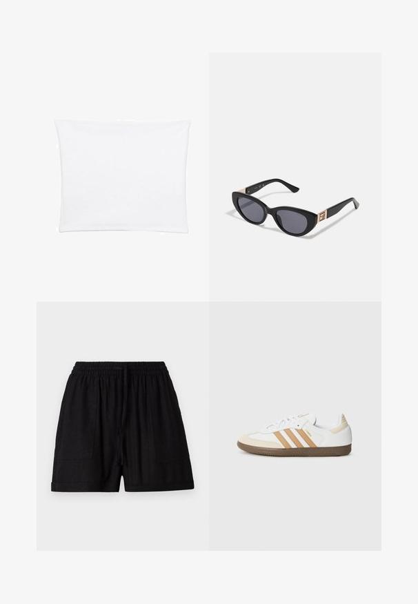Vit örngott med en slät, mjuk textur, med rektangulär form och rena kanter, utformat för standardkuddar.; Svarta linnebyxor med resårmidja, två sidofickor och dragsko-stängning. Slät textur och med längd till mitten av låret.; Vita lädersneakers med bruna mockadetaljer och tre vita ränder. Har en strukturerad brun gummisula och guld-logotyp.; Guess Solglasögon - shiny black; Michael Kors handledos i beige belagd kanvas med ett upprepande MK-logomönster, gyllene detaljer och ett avtagbart kedjehandtag.