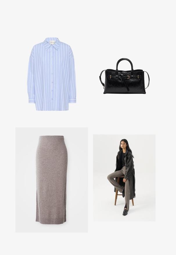 Lyseblå skjorte med knapper og hvide lodrette striber, med spidse kraver, lange ærmer og en afslappet pasform. Blødt bomuldsstof.; Knælængde, taupe strikket blyantskørt med ribbet talje og kant, der har sideslidser for ekstra komfort og stil.; Sort læder trench coat med knapper og bælte detalje, parret med lysebrune tætsiddende bukser og sorte loafers, siddende på en træstol.; Sort læderhåndtaske med en struktureret form, tekstureret overflade, dobbelte håndtag og en aftagelig skulderrem. Guldtonet hardware detaljer.