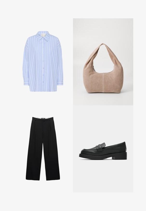 Ljust blå skjorta med vita vertikala ränder, med spetsig krage, långa ärmar och en avslappnad passform. Mjuk bomullsmaterial.; Breda svarta byxor i jämn tyg. Har framfickor, midjeband med bältesömmar och en skräddarsydd silhuett.; Svarta läderloafer med rund tå, platt plattformssula och sömsömmande detaljer över framfoten. Enkel, minimalistisk design.; Hobo-väska i mjukt mockamaterial i en ljusbeige färg. Har en rundad form med ett brett axelband och dragkedjestängning.