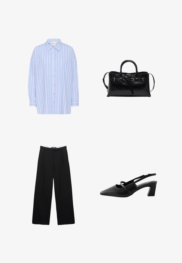 Hellblaues Hemd mit weißen vertikalen Streifen, mit einem spitzen Kragen, langen Ärmeln und einer lockeren Passform. Aus weichem Baumwollmaterial.; Schwarzfarbene weite Hosen aus glattem Stoff. Mit frontalen Falten, einem Bund mit Gürtelschlaufen und einer taillierten Silhouette.; Schwarze Leder-Slingback-Schuhe mit spitzem Zehenbereich, ausgestattet mit gekreuzten Riemen und einem Blockabsatz in mittlerer Höhe. Glatte Textur und minimalistisches Design.; Schwarze Lederhandtasche mit strukturiertem Finish, strukturiertem Design, doppelten Griffen und abnehmbarem Schultergurt. Akzente aus goldfarbenem Metall.