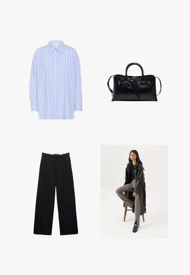 Jasnoniebieska koszula z guzikami, w białe pionowe paski, z wywiniętym kołnierzykiem, długimi rękawami i luźnym krojem. Wykonana z miękkiej bawełny.; Szerokie czarne spodnie wykonane z gładkiego materiału. Posiadają zaszewki z przodu, pas z szlufkami na pasek oraz dopasowaną sylwetkę.; Czarny skórzany trencz z guzikami i detalem pasa, w połączeniu z jasnobrązowymi dopasowanymi spodniami i czarnymi loafersami, siedzący na drewnianym stołku.; Czarna skórzana torebka o teksturowanym wykończeniu, w strukturalnym kształcie, z podwójnymi uchwytami i odpinanym paskiem na ramię. Akcenty w złotym kolorze.
