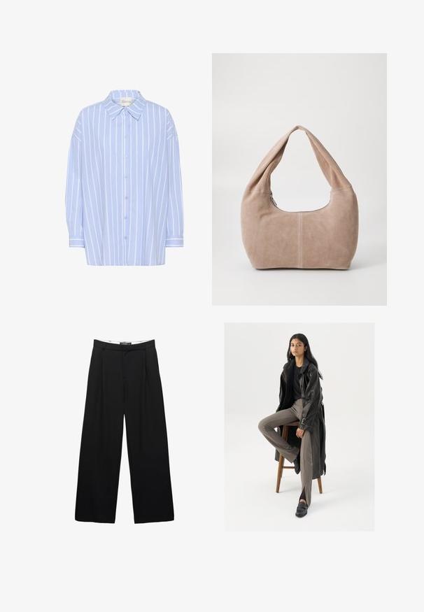 Világoskék, fehér függőleges csíkokkal díszített ing, hegyes gallérral, hosszú ujjakkal és laza szabással. Puha pamut anyag.; Sima anyagból készült, bőszárú fekete nadrág. Elöl pliszék, övhurkos derékbőség és lágy fazon jellemzi.; Fekete bőr trench coat, gombokkal és öv részletekkel, világosbarna, testhez simuló nadrággal és fekete loaferekkel párosítva, fa bárszéken ülve.; Puha, velúr anyagból készült hobo táska világos bézs színben. Jellemzője a kerek forma, széles pánt és cipzáras záródás.
