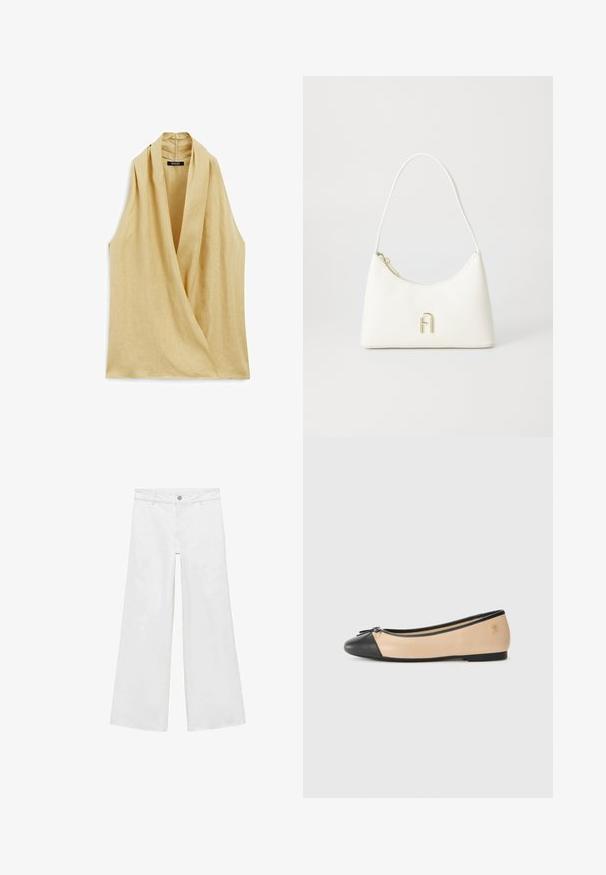 Blusa senza maniche in lino beige chiaro, con design avvolgente e collo alto. Texture liscia con dettagli di cuciture minime.; Jeans bianchi a gamba larga con chiusura a bottoni e cinque tasche, realizzati in denim con una trama liscia, caratterizzati da un design classico.; Ballerina in pelle beige con punta nera. Presenta un piccolo fiocco sulla parte anteriore e una suola bassa nera.; Borsa bianca con una forma curvata e una texture liscia. Presenta un accentuato logo dorato e una chiusura con zip. Tracolla regolabile.; Bracciale in tonalità oro con un esterno liscio e un interno texturizzato. Presenta un design ampio e arrotondato con un'apertura su un lato.
