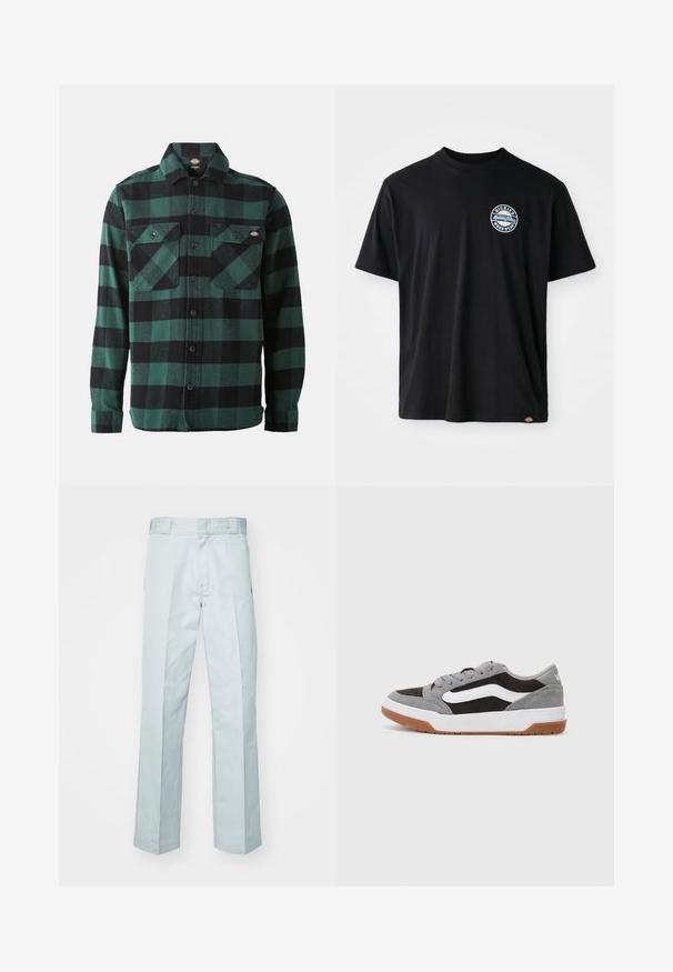 Green and black plaid flannel shirt with long sleeves, button-up front, two chest pockets, and a classic collar. Soft texture, versatile design.; Black cotton t-shirt featuring a round logo on the chest. Short sleeves and crew neck design with a straight cut at the hem.; Light blue cotton trousers with a straight leg design, featuring subtle crease lines and a smooth texture, finished with a standard waistband.; Gray and black suede sneakers with white accents and a gum rubber sole, featuring rounded toe and lace-up design.