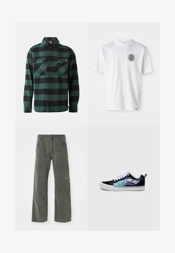 Vihreä ja musta ruutukoosteinen flanellipaita, jossa on pitkät hihat, nappikiinnitys edessä, kaksi rintataskua ja klassinen kaulus. Pehmeä rakenne, monikäyttöinen muotoilu.; Valkoinen puuvillapaita, jossa on pyöreä logo rinnassa. Pyöreä kaula-aukko, lyhyet hihat, rento mitoitus, jossa on punaisia ja mustia yksityiskohtia.; Tummanharmaat leveä lahkeiset housut, jotka on valmistettu kestävästä kankaasta. Housuissa on polvipaikat, klassinen etuvetoketjukiinnitys ja ommeltuja yksityiskohtia.; Mustat mokkanahka sneakersit, joissa on valkoinen kumiulkopohja. Varustettu iriidiset siniset ja purppurat liekkikuviot. Valkoiset nauhat ja takaosassa vetotappi.