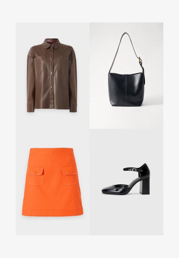 Ruskea tekonahkainen paita takki, jossa on kauluspääntie, etupainonappikiinnitys ja kaksi rintataskua. Ominaisuuksiin kuuluu sileä pinta ja muotonsa pitävä istuvuus.; Oranssi puuvillahame, jossa kaksi etutaskua, nappisulkimet ja erottuva valkoinen ompelu. A-linjainen muotoilu ja hyvin määritelty vyötärö.; Musta lakattu nahkainen korkokenkä neliskanttisen kärjen, nilkkaremmin ja paksun koron kanssa. Mukana reikäkuviointi reunassa.; Musta nahkainen olkalaukku, jossa on sileä pinta, ohut ja pitkä hihna sekä hienovarainen ommeltu yksityiskohta keskellä.