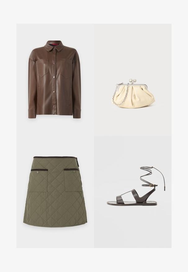 Brun kunstskinn skjortejakke med krage, front knappelukking og to brystlommer. Har en glatt tekstur og skreddersydd passform.; Quiltet skjørt i olivengrønn med en sømlinje som faller over kneet. Har to frontlommer med mørkebrune detaljer og glidelås lukking.; Brune lærsandaler med flad sål, der har et minimalistisk design, buet ankelrem og flere udskæringer for åndbarhed.; Foliebeige lærveske med plisseringer og en sølvmetalramme, med to runde dekorative låser og en sølvkjede.