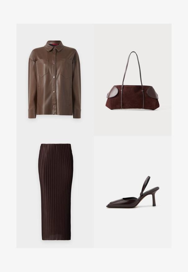 Barna műbőr ingdzseki, galléros nyakkal, elöl gombos záródással és két mellzsebbel. Simára textúrázott és testhezálló szabással rendelkezik.; Barna, plissé midi szoknya, függőleges redőkkel, testhezálló fazonnal és sima textúrával. Nincsenek látható kiegészítők vagy díszítések.; Barna lakkbőr slingback magassarkú cipő hegyes orral és vékony, magas sarkúval. Elegáns dizájn és sima felület jellemzi.; Barna velúr táska bőrkiegészítőkkel, strukturált forma, dupla vállpántok és kerekded élek, sima felülettel és minimális fém kiegészítőkkel.