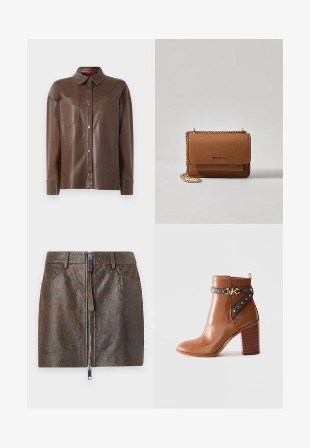 Pruun kunstnahast särgijakk, millel on krae, ees nuputasemel kinnitamine ja kaks rinna taskut. Omab sileda tekstuuri ja nahkse sobivuse.; Pruun nahast mini-seelik, millel on läikiv tõmblukk esiosas, kaks küljetaskut ja tekstureeritud pind. Omab kitsast lõiget ja tavalist vööd.; Pruun nahkne pahkluu saabas, millel on kõrge plokk konts, külgrihm kullast nänni ja kuldne "MK" logo pandla.; Pruun tekstureeritud nahk ristkeha kott kuldse ahelaga rihmaga ja klapiga sulgemine. Esiküljel on logo detail ja tasku klapi all.