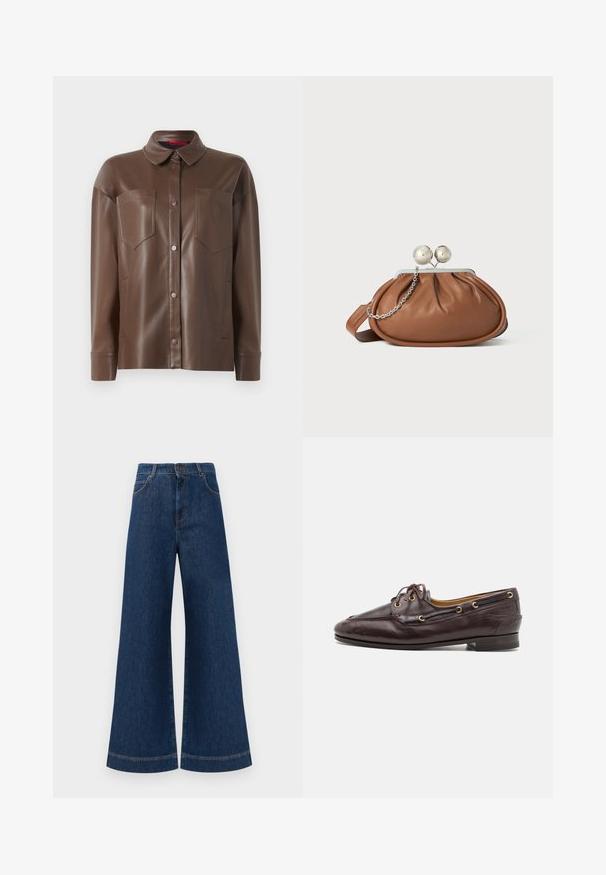 Brązowa kurtka koszulowa z syntetycznej skóry z kołnierzykiem, z przodu zapinana na guziki oraz dwiema kieszeniami na piersi. Posiada gładką teksturę i dopasowany fason.; Szerokie dżinsy w kolorze niebieskim z wysokim stanem, z zapięciem na guzik, szlufkami na pasek oraz subtelnymi detalami stębnowania wzdłuż kieszeni i brzegów.; Brązowe skórzane loafersy o strukturalnym designie, złote oczka i sznurowadła. Posiadają niski obcas i szczegółowe przeszycia wzdłuż wierzchu.; Brązowa skórzana kopertówka z srebrnym zapięciem w kształcie kuli oraz małym srebrnym łańcuszkiem na białym tle.