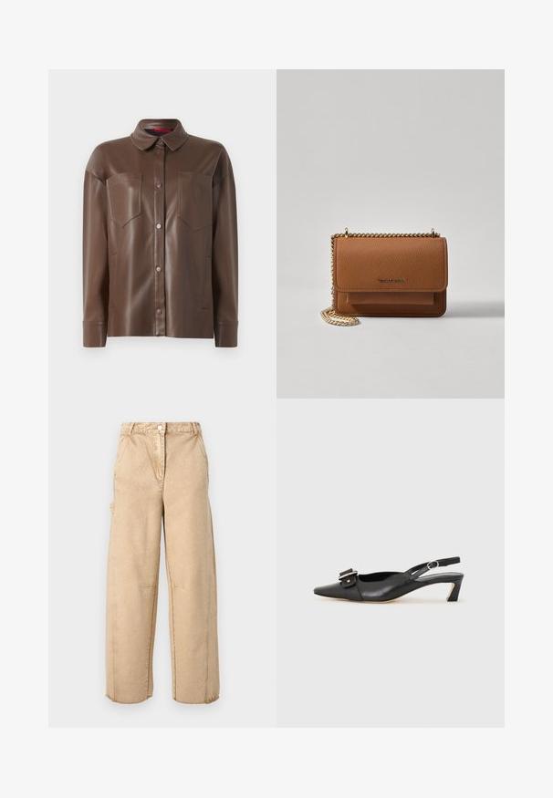 Pruun kunstnahast särgijakk, millel on krae, ees nuputasemel kinnitamine ja kaks rinna taskut. Omab sileda tekstuuri ja nahkse sobivuse.; Beige laiused püksid nuppude kinnitusega, kahe küljetaskuga, kerge kulumise ja fridetud servadega. Valmistatud pehmest, tekstureeritud kangast.; Must must nahk slingback kingad terava varbaga, väikese kontsaga ja dekoratiivse pandlaga ülaosas. Sile tekstuur, minimalistlik disain.; Pruun tekstureeritud nahk ristkeha kott kuldse ahelaga rihmaga ja klapiga sulgemine. Esiküljel on logo detail ja tasku klapi all.