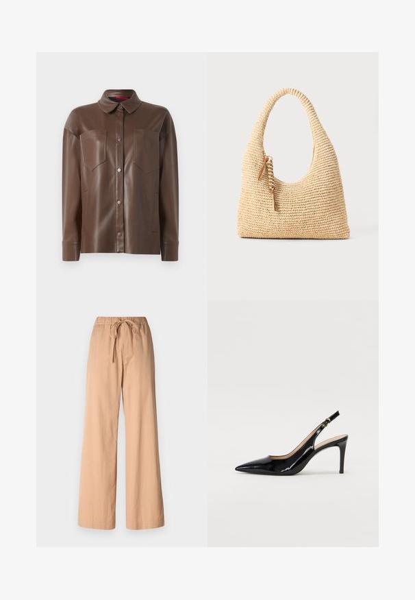 Brūns mākslīgās ādas krekla jaka ar apkakli, priekšējo pogu aizdari un divām krūšu kabatām. Iezīmējas ar gludu tekstūru un pieguļošu fitu.; Beige plaša kāju bikses ar elastīgu jostu un saistāmām auklām. Izgatavotas no viegla materiāla, ar gludu tekstūru un tīrām līnijām.; Melnas lakotās ādas slingback kurpes ar izteiktu degunu, šauru papēdi un smalku izgriezumu dizainu. Siksniņai ir zelta sprādze.; Auduma bēšs rokassomu ar izliekto rociņu, strukturētu virsmu un brūna pušķa detaļu. Iespējama vaļīga, hobo forma.