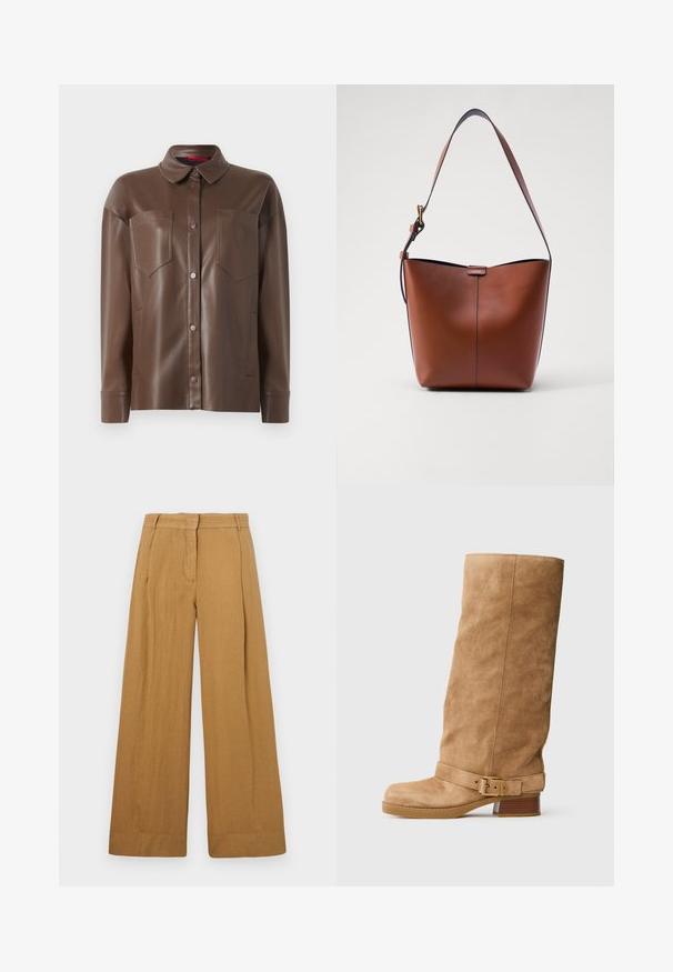 Brown faux leather shirt jacket with a collared neck, front button closure, and two chest pockets. Features smooth texture and tailored fit.; Wide-leg trousers in a light brown, linen-like fabric, featuring a flat front, belt loops, and subtle vertical texture.; Tan suede mid-calf boot with a low stacked heel, rounded toe, and an adjustable strap with a gold buckle around the ankle.; Brown leather shoulder bag with a curved shape, smooth texture, and a single thin strap. Features a subtle seam and a small logo detail.