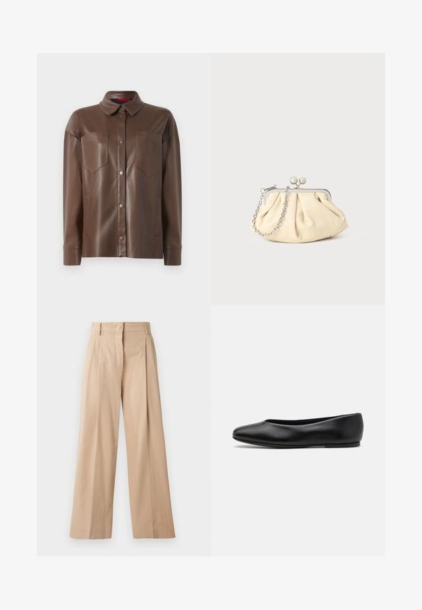 Smeđa faux kožna košulja-jakna s ovratnikom, prednjim kopčanjem na gumbe i dva džepa na prsima. Ima glatku teksturu i prilagođeni kroj.; Svijetlosmeđe široke hlače od glatkog, laganog materijala. Imaju nabore sprijeda, krojeni pojas i ravni kroj.; Paul Smith TOPANGA - Balerinke - black; Nabrana bež kožna torbica s srebrnim metalnim okvirom, koja sadrži dva okrugla dekorativna kopčanja i srebrnu lančanu naramenicu.
