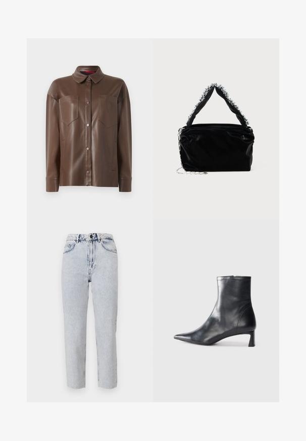 Rjav srajčni jakna iz umetnega usnja s ovratnikom, sprednjim gumbom za zapiranje in dvema žepoma na prsih. Ima gladko teksturo in krojen fit.; Svetlo pranje jeans s ravnim krojem, visokim pasom, sprednjimi žepi in zankami za pas. Tkanina ima mehak, nekoliko zbledel videz.; Črne usnjene gležnjarje s šiljastim nosom in elegantnim dizajnom. Imajo nizko peto in zadrgo na zadnji strani. Gladka tekstura.; Črna torba iz umetnega usnja z teksturirano površino, ki ima bisernat srebrni okras vzdolž zgornjega ročaja in verižni pas.
