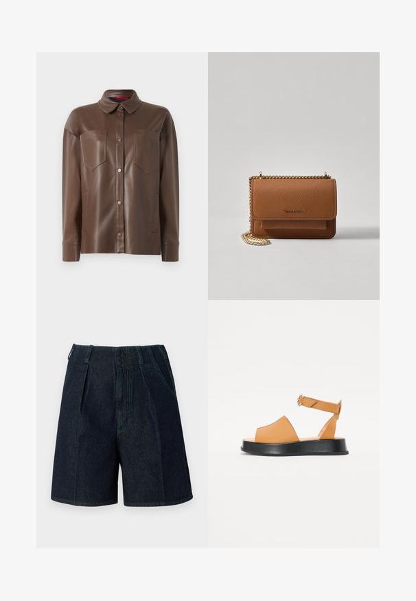 Brun kunstskinn skjortejakke med krage, front knappelukking og to brystlommer. Har en glatt tekstur og skreddersydd passform.; Jeanshorts med mørk vask, med folder, sidelommer og kontrasterende grønn søm langs sømmene.; Brune lær sandaler med bred forkant, åpen tå, justerbar stropp og tykk sort plattformsåle. Glatt tekstur og minimalistisk design.; Brun teksturert lær crossover-veske med gullkjede-stropp og klaffelukking. Fronten har logo-detalj og en lomme under klaffen.