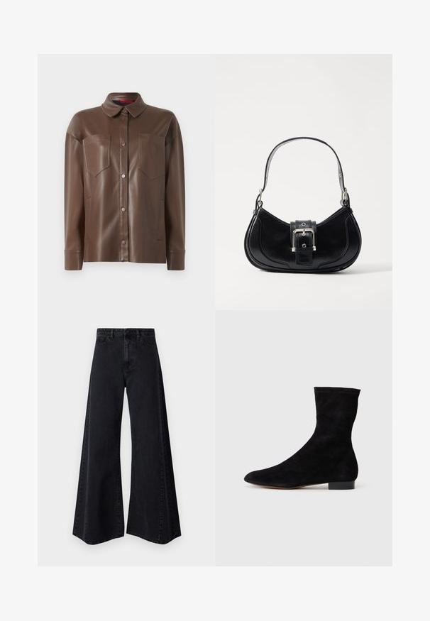 Smeđa faux kožna košulja-jakna s ovratnikom, prednjim kopčanjem na gumbe i dva džepa na prsima. Ima glatku teksturu i prilagođeni kroj.; Široke crne traperice s visokim strukom, koje imaju prednje džepove, kopčanje na dugme i glatku teksturu. Vidljivi su jednostavni šavovi.; Crne nubuk čizme do gležnjeva s uskim okvirem, špicastim vrhom i niskom bloknom petom. Glatka tekstura i minimalistički dizajn, pogodne za svestrano stiliziranje.; Crna kožna torbica s zakrivljenim dizajnom, koja sadrži središnji detalj s mašnom i kratku, glatku ručku. Teksturirani detalji poboljšavaju njezin izgled.
