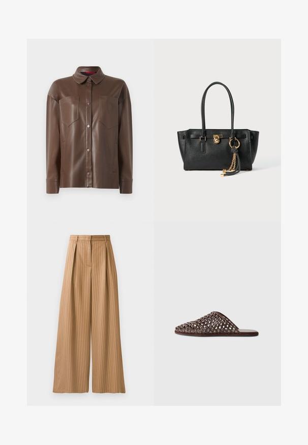 Brown faux leather shirt jacket with a collared neck, front button closure, and two chest pockets. Features smooth texture and tailored fit.; Wide-leg trousers in a tan fabric with vertical white stripes. Features pleats at the waist and a smooth texture.; Brown woven slide sandal with a rounded toe, open design, flat sole, and textured surface. Lightweight material and minimalist silhouette.; Black leather handbag with double handles, gold lock and chain detail, and black-and-white tassel accessory against white background.