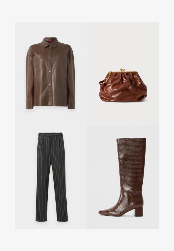 Hnedá koženka košela s golierom, predným zapínaním na gombíky a dvoma náprsními vreckami. Obsahuje hladkú textúru a prispôsobený strih.; Hnedé pruhované nohavice z tkaného materiálu. Vyznačujú sa vysokým pásom, prednými sklady a rovnými nohavicami. Štandardné zapínanie na gombík.; Hnedé členkové topánky po kolená so vzorom hadej kože, štvorcovou špičkou a blokovým opätkom na obyčajnom bielom pozadí.; Hnedá kožená kabelka na klasické zatváranie so zlatým rámom a krátkym zlatým reťazovým držadlom, s jemnou, zhrbenou textúrou na bielom pozadí.