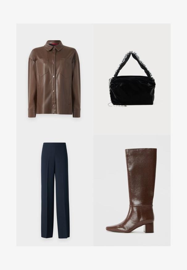 Camisa jaqueta em couro sintético castanho com gola, fecho frontal por botões e dois bolsos no peito. Apresenta uma textura suave e um corte ajustado.; Calças largas de cor azul marinho com uma textura suave, cintura plana e sem detalhes de fecho visíveis. Confecionadas para um ajuste relaxado.; Bota castanha até ao joelho com textura de pele de cobra, bico quadrado e salto bloco contra um fundo branco liso.; Bolsa de mão em pele sintética preta com acabamento texturizado, apresentando um detalhe de contas prateadas ao longo da alça superior e uma alça de corrente.