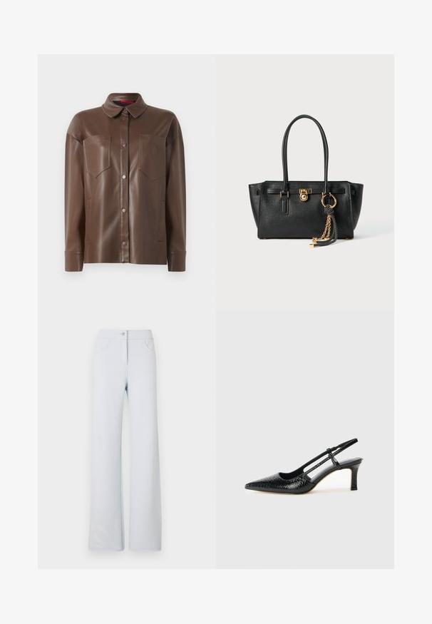 Pruun kunstnahast särgijakk, millel on krae, ees nuputasemel kinnitamine ja kaks rinna taskut. Omab sileda tekstuuri ja nahkse sobivuse.; Heledad sinine lai jalgadega püksid, mis on valmistatud pehmest kangast, ees nupuväärisega, vöölõngade ja kahe küljetaskuga. Sile tekstuur ja lihtne disain.; Mustmust paelad, millel on terav varvas, tekstuuriga maduprindiga, reguleeritav rihm ja lühike tekstuuriga plokknina.; Must musta kott, millel on kahekordsed käepidemed, kuldne lukustus ja kett, ning must-valge tutikate aksessuaar valge tausta ees.