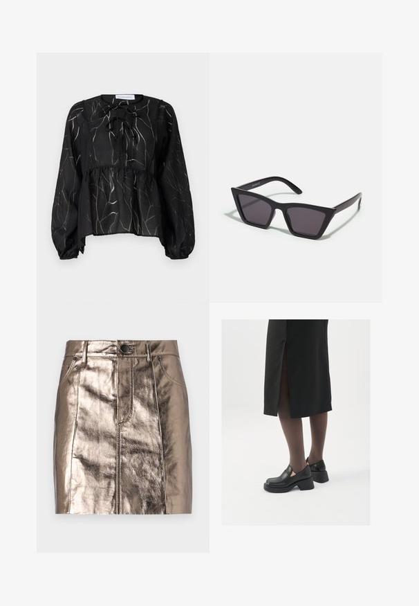 Must mustreblus, millel on pikad pumppaisad, joonitud kaelus ja heledates hallides toonides tekstuuriga lehekiri. Peplum siluett.; Metallic pronksist denim mini-seelik, millel on sirge lõige, eesmine taskud ja vöökoht, millel on nööbi sulgemine. Sile ja läikiv tekstuur.; Mustad mustad jalatsid ümmarguse varbaga, paksu plokkniidi ja elastsete külgdetailidega, kombineeritud tumedate sukkade ja musta lõhikuga seelikuga.; Mustad mustrakellad, millel on hallid šabloonid; valmistatud plastist, paksude ja siledate kätega, ilma nähtava riistvarata.