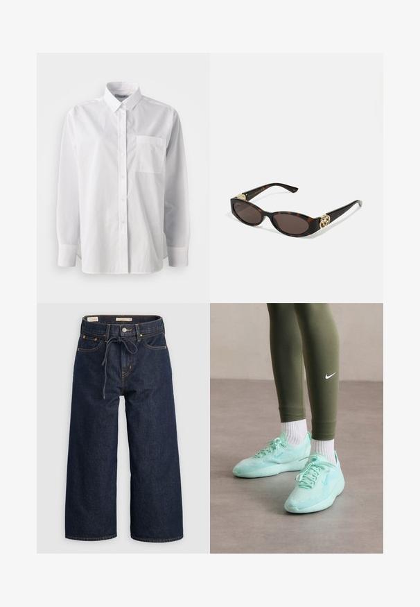 Camisa branca de button-up, material de algodão, mangas longas, colarinho clássico, bolso no peito, barra reta, textura mínima, sem padrões.; Calças de ganga largas em azul escuro com um cós elástico ajustável, bolsos frontais e detalhes de costura em laranja contrastante.; Sapatilhas Nike verde menta claro com parte superior em malha e sola texturizada, combinadas com leggings verde-oliva e meias brancas.; Óculos de sol de tartaruga com lentes ovais alongadas, tom castanho, acentos de logotipo dourado nas hastes e hastes pretas elegantes.
