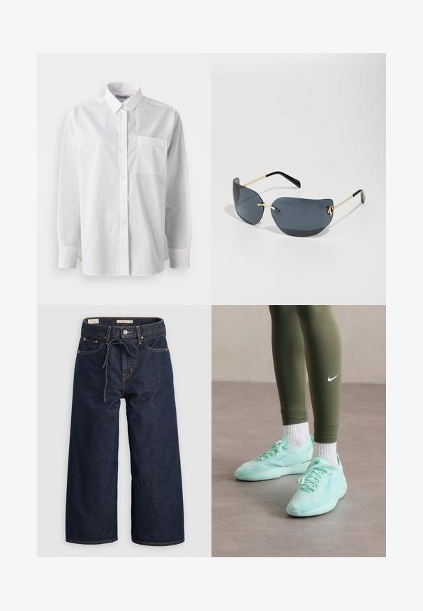 Valkoinen nappikauluspaita, puuvillamateriaalia, pitkät hihat, klassinen kaulus, yksi rinn pocket, suora helma, minimaalinen tekstuuri, ei kuvioita.; Tummansiniset leveälahkeiset farkut, joissa on nyörikaulus, etutaskut ja erottuvat oranssit tikkaukset.; Vaalean mintunvihreät Nike-runnersit, joissa on verkkomateriaali ja teksturoitu pohja, yhdistettynä oliivinvihreisiin legginsseihin ja valkoisiin sukkiin.; ALDO PIGOWEN - Aurinkolasit - gold-coloured