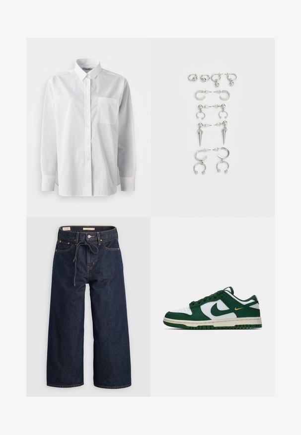 Hvit skjorte med knapper, bomullsmateriale, lange ermer, klassisk krage, enkelt brystlomme, rett hem, minimal tekstur, uten mønstre.; Mørkeblå vidbukser i denim med snoreliv, frontlommer og kontrastfargede oransje sømmer.; Lavtoppet Nike-sneaker i hvit og mørk grønn semsket skinn med matchende grønn swoosh og liten gul swoosh-detalj på siden.; Sett med sølvringer som har forskjellige design: hoops, stift og hengende stiler, med kuleakenter og spisse detaljer.