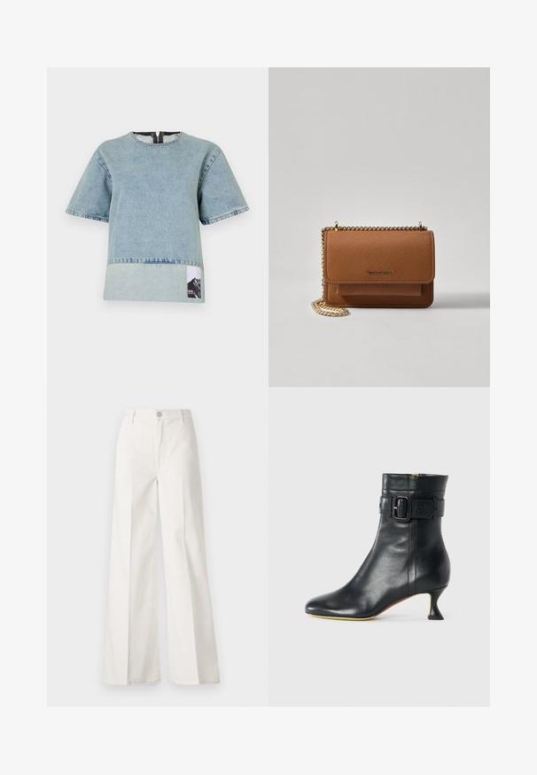 Svijetloplava traper majica s kratkim rukavima, okruglim izrezom, kontrastnom donjom trakom i oznakom s grafikom planine na lijevoj strani.; Bele široke hlače iz bombaža z gladko teksturo. Imajo gumb spredaj, zadrgo in zasnovo z štirimi žepi.; Črne usnjene gležnjarje s koničastim nosom, zoženo peto in detajlom s sponko na manšeti. Gladka tekstura in eleganten dizajn.; Rjava teksturirana usnjena torba čez ramo z zlatim verižnim trakom in zapiranjem na pokrov. Spredaj je vidna podrobnost logotipa in žep pod pokrovom.