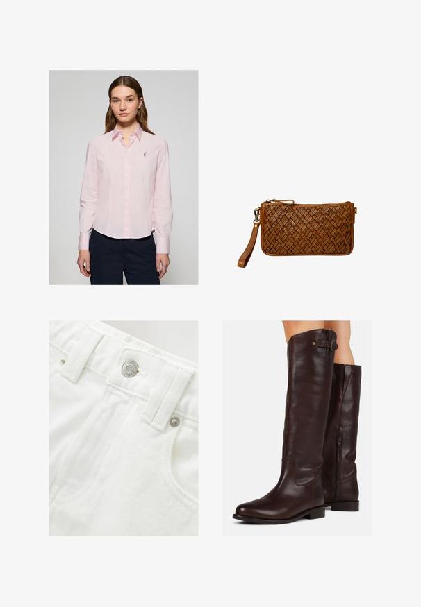 Camicia button-up rosa chiaro con maniche lunghe, colletto a punta e un piccolo logo blu navy sul petto. Realizzata in cotone con una texture liscia.; Shorts in denim bianco con vita strutturata, dettaglio del bottone argentato e tessuto testurizzato. Presentano tasche frontali e una cucitura ordinata.; Stivali alti in pelle marrone, con punta tonda, zip laterale e un piccolo dettaglio con fibbia in cima, caratterizzati da una texture liscia.; Clutch da polso in pelle marrone con texture intrecciata, chiusura con zip e tracolla staccabile su sfondo bianco.
