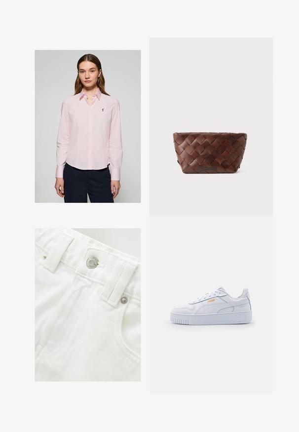 Jasnoróżowa koszula z długim rękawem, z kołnierzykiem w kształcie ostrego kąta oraz małym granatowym logo na piersi. Wykonana z bawełny o gładkiej fakturze.; Białe szorty dżinsowe z ustrukturyzowanym pasem, detalem z srebrnym guzikiem i teksturowanym materiałem. Posiadają przednie kieszenie i staranne przeszycia.; Białe skórzane sneakersy z grubą podeszwą, charakteryzujące się gładką teksturą, minimalistycznym designem, bocznymi paskami oraz małym logo.; Brązowa, pleciona skórzana kopertówka o kształcie trapezu z małą plakietką marki na przednim środku.