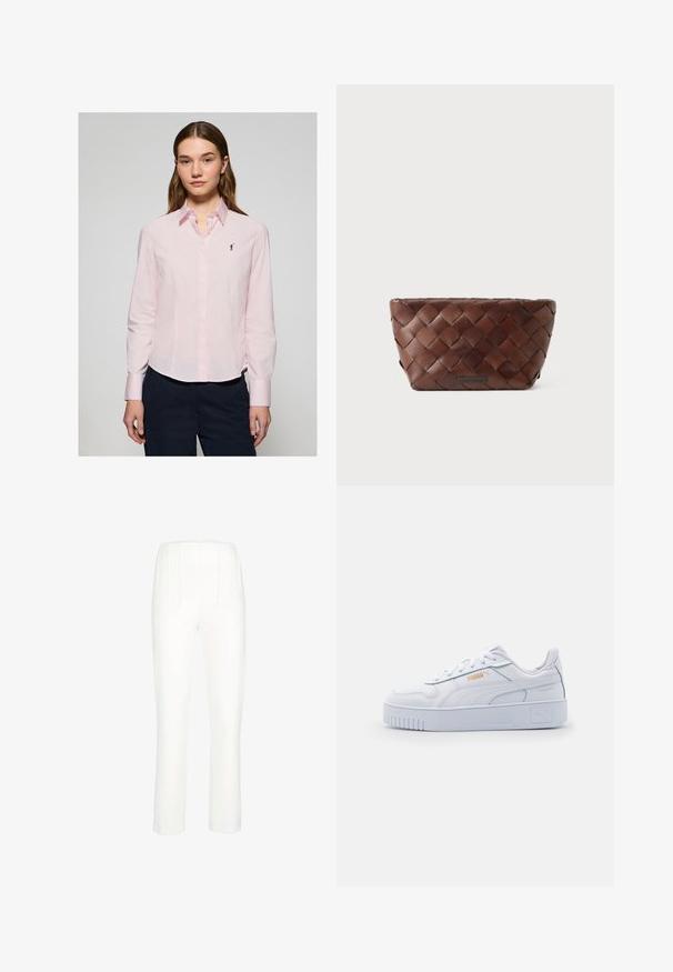 Helles rosafarbenes Hemd mit langen Ärmeln, spitzem Kragen und kleinem navyfarbenen Logo auf der Brust. Aus Baumwolle mit glatter Textur gefertigt.; Weiße Hosen mit geradem Bein, ausgestattet mit seitlichen Falten und einer glatten Textur. Keine sichtbaren Taschen oder Hardwaredetails.; Weiße Leder-Sneaker mit einer klobigen Sohle, die über eine glatte Textur, ein minimalistisches Design, Seitenstreifen und ein kleines Logo-Detail verfügen.; Braune gewebte Leder-Clutch mit trapezförmigem Design und einem kleinen Markenplakette in der Mitte auf der Vorderseite.